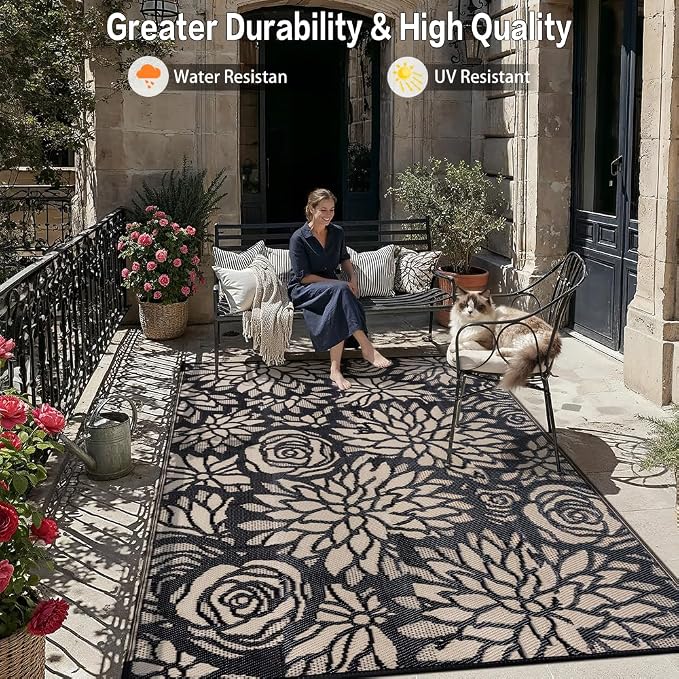 Outdoor Plastic Straw Rug Waterproof Patio 10x14 Black Brown Floral Mat - Image 5