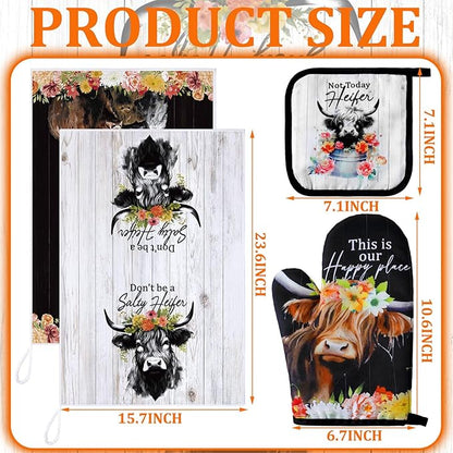 Bencailor 6 Pcs Cattle Kitchen Towels Oven Mitts and Pot Holders Set Decorative - Image 3