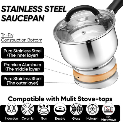 E-far 1 Quart Sauce Pan with Lid, Tri-Ply Base Stainless Steel Small Saucepan - Image 3