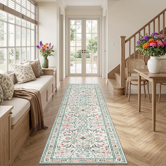 Runner Rug for Entryway: 3x10 Kitchen Rugs Floral Washable Rug Green/Beige | - Image 3