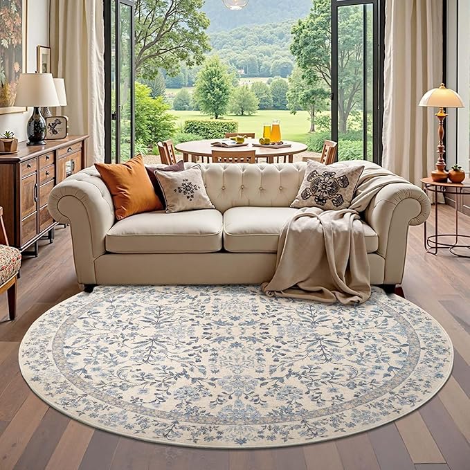 jinchan Zenith Round Rug 6ft Area Rug Soft 6'Round Vintage Floral Rug Non-Slip - Image 4