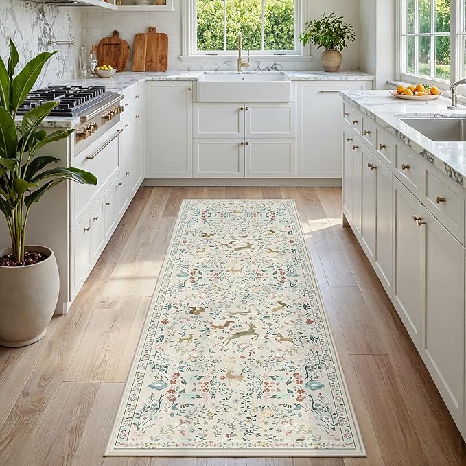 Runner Rug Washable Runners Kitchen Rugs Non Slip Neutral Floral Carpet Low Pile by Yidanamy