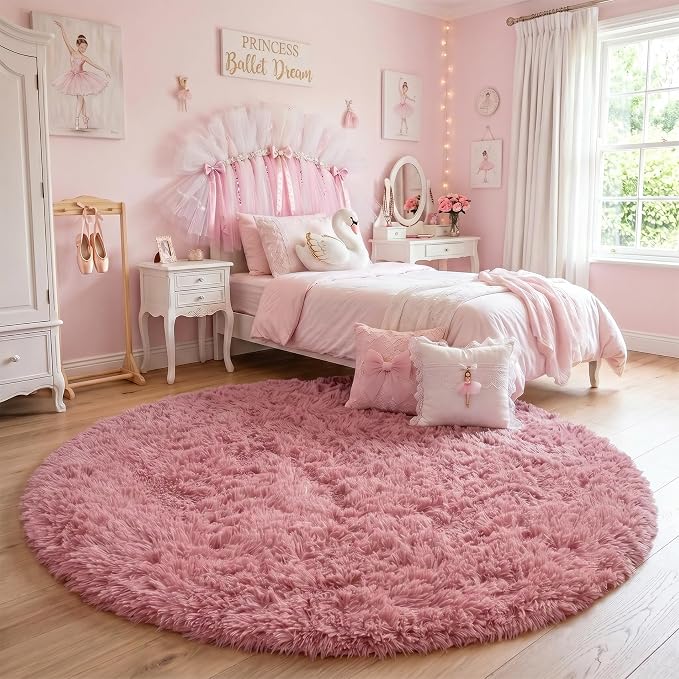 Blush Fluffy Round Rug 5Ft for Bedroom, Fuzzy Plush Circle Area Rugs for Baby - Image 8