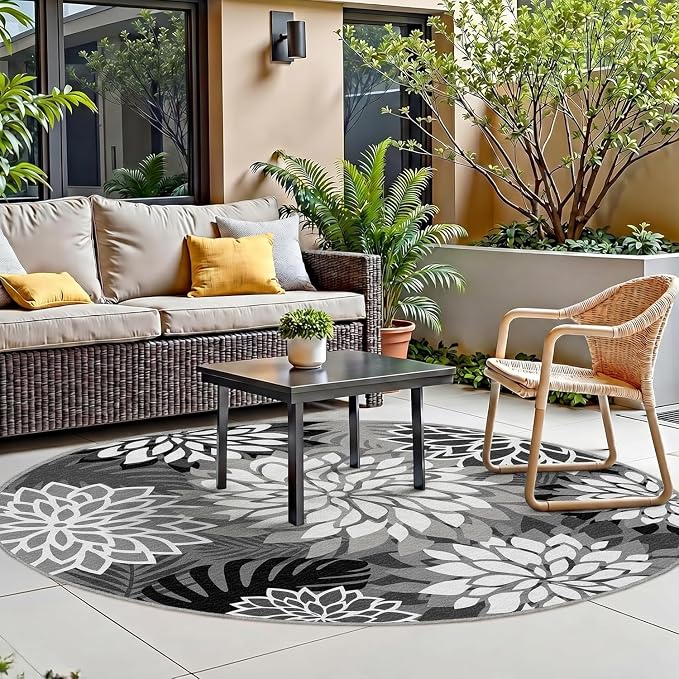 6x6 Outdoor Area Rug Washable Multicolored Patio Rug Tropical Botanical Floral - Image 3