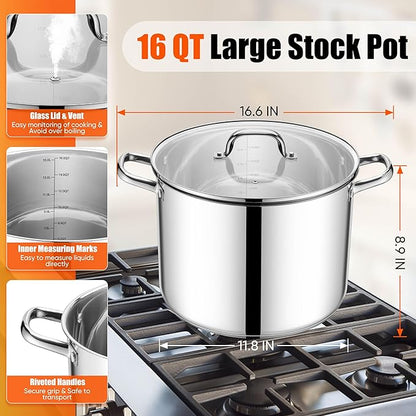 E-far 16 Quart Stainless Steel Stock Pot, Large Heavy Duty Induction Stockpot - Image 2