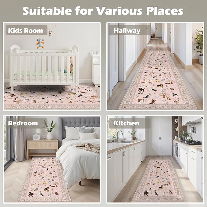 Floral Dog Runner Rug Pink Carpet Non-Slip, 2x10 Washable Rug Ultra-Thin Soft - Image 5