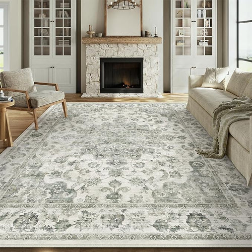 9x12 Neutral Area Rug Green Vintage Living Room Bedroom Washable Carpet by WondRg