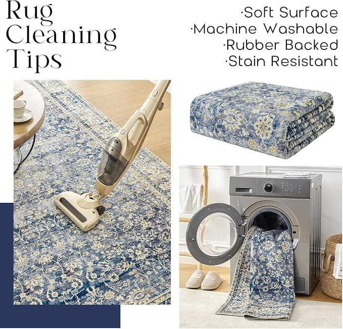 Blue Area Rugs 5x7 Vintage Boho Flower Distressed Low Pile Rug - Image 4