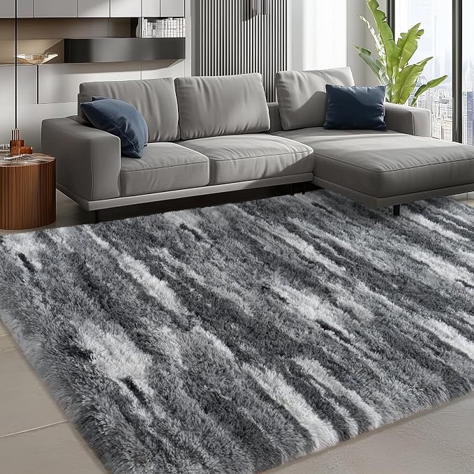 Shag Rugs for Living Room 5x7, Ultra Soft Abstract Grey Big Fuzzy Rugs for - Image 3