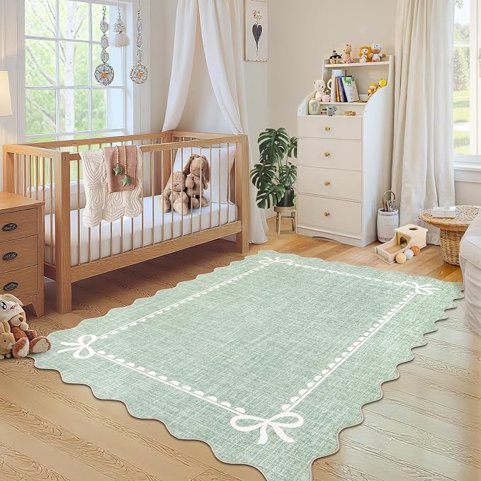 GarveeHome Scalloped Bow Rug for Living Room, Sage Green Rug for Dorm, Washable - Image 3