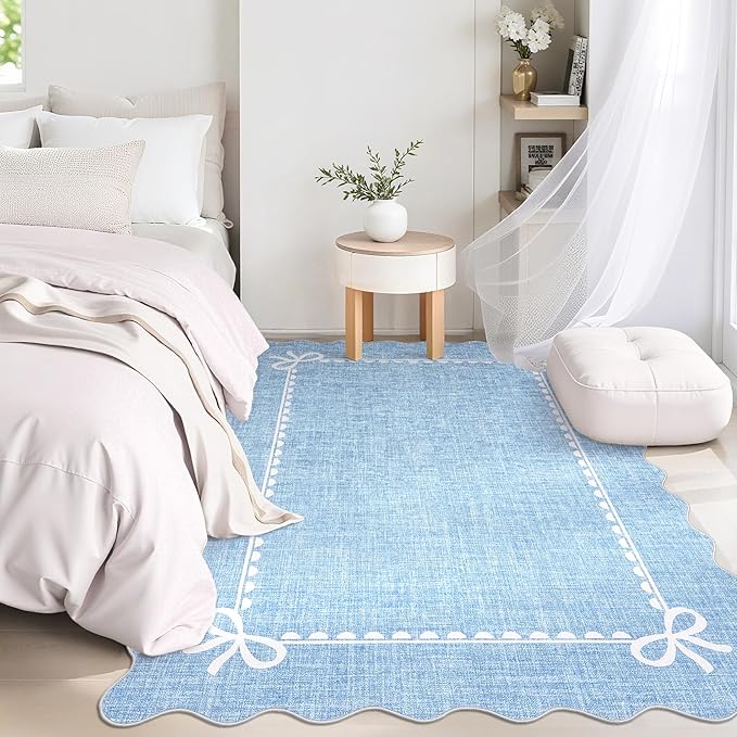 GarveeHome Scalloped Bow Rug for Living Room, Solid Blue Rug for Dorm, Washable - Image 2