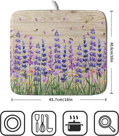 Lavender Floral Dish Drying Mat 16x18 inch Spring Summer Flower Decorative Fast - Image 2