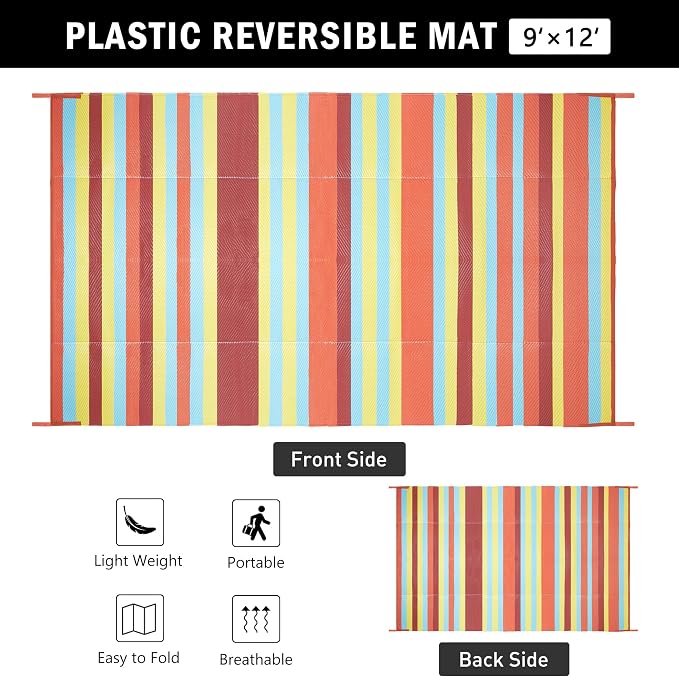 HUGEAR Outdoor Waterproof Rug 9'x12' Plastic Straw Rugs Washable Reversible - Image 2