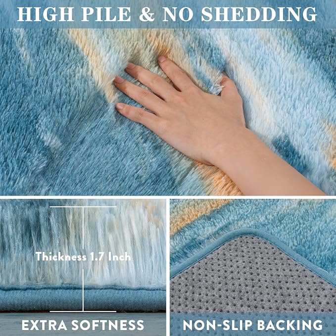 9x12 Fluffy Shag Area Rugs, Ultra Soft Non-Slip Abstract Blue Plush Carpet - Image 7