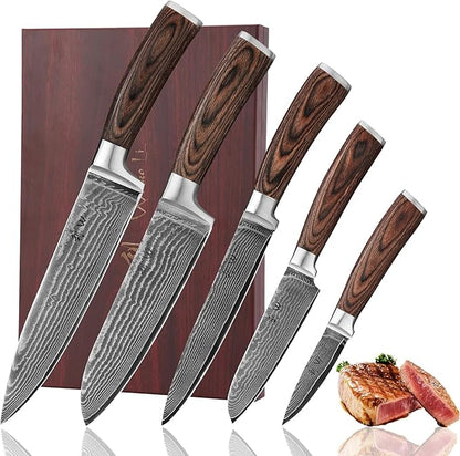 Wakoli EDIB 5-Piece Damascus Knife Set, Professional Kitchen Knives made of by Wakoli