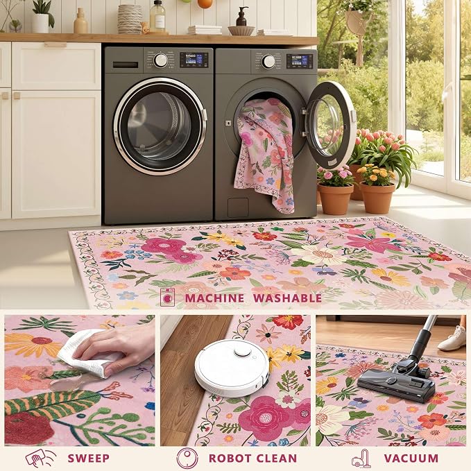 Latte&Fog Pink Washable Hallway Runner Rug 2x6, Non Slip Low Pile Vintage Rugs - Image 8
