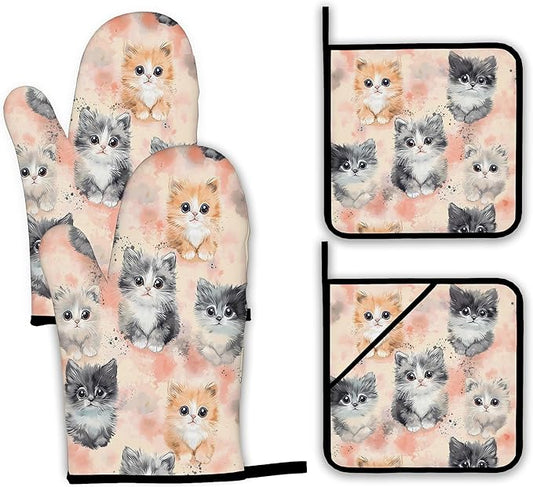 Cute Cat Oven Mitts and Pot Holders, Heat Resistant Oven Mitts Gloves and Pot by Unknown