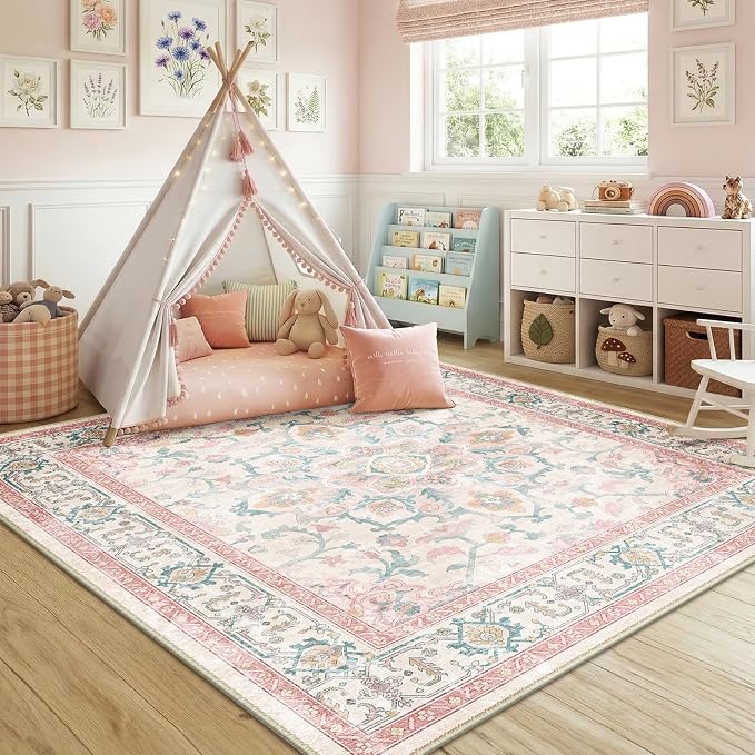CAPALOCA Machine Washable Rugs Nursery Rug Sq8ft Cute Girl Non Slip Low Pile - Image 9