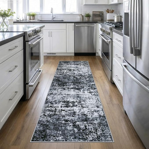 2.6'x10' Runner Rug Washable Rug: Modern Abstract Soft Thin Runner Rug Black by FXRHLP