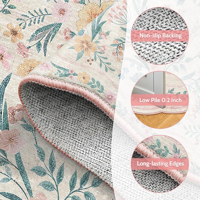 Pink Floral Rug 3X5 for Girls Bedroom or Nursery, Scalloped Washable Non-Slip - Image 5