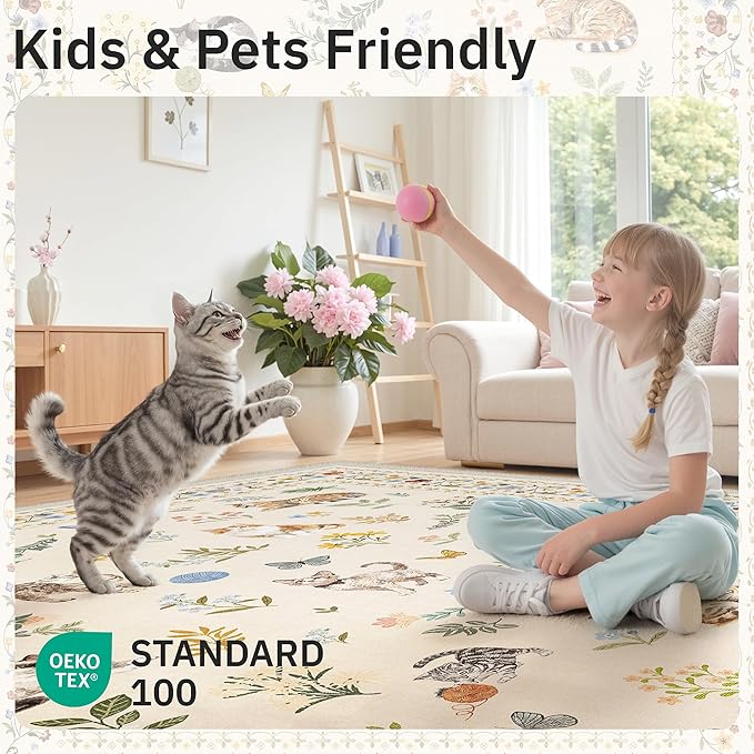 Soalmost Cat 3x5 Area Rugs for Entryway, Machine Washable Animal Floral Accent - Image 4