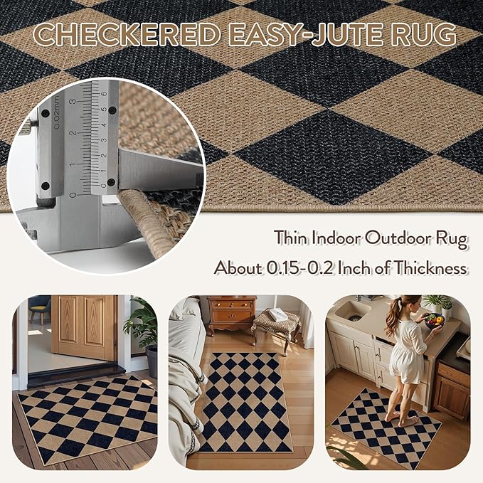 Lahome Colette Checkered Easy Jute Kitchen Rug, 2x3 Indoor Door Mat Small - Image 5