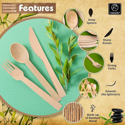 KOELHO'S Pre-Rolled Bamboo Cutlery Set 24-Pack 96 PCS | Bamboo Disposable Utensils 100% Biodegradable and Eco-Friendly | Wooden Utensils Disposable for Parties, Weddings, and Events