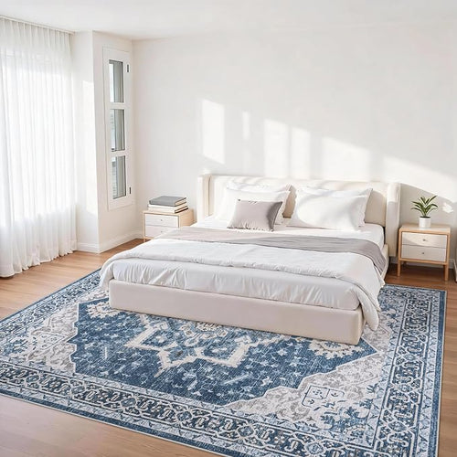 6x9 Area Rugs for Living Room:Blue Washable Vintage Medallion Boho Rug Non-Slip - Image 2