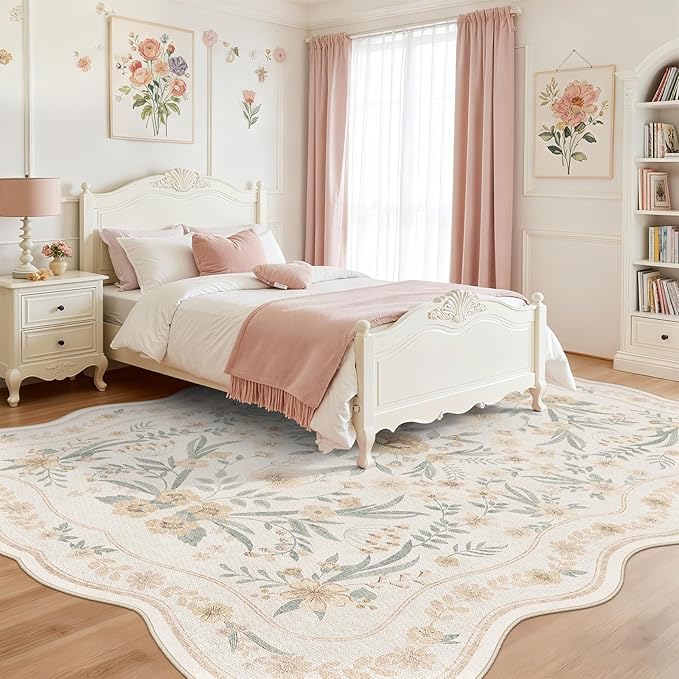 Scalloped Floral Rug 8x10, Neutral Beige Washable Non Slip Large Area Rug - Image 2