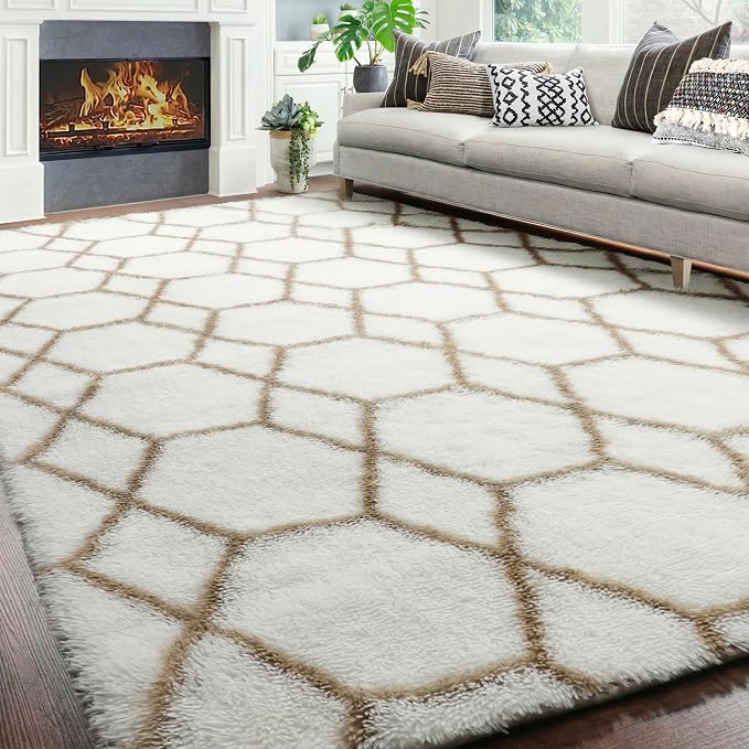 ONASAR 5x7 Area Rugs for Living Room Bedroom, Fluffy White and Beige Faux Fur - Image 7