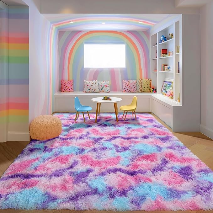 PAGISOFE Rainbow Purple Rugs for Girls Bedoom 5x7 Ft, Fluffy Cute Colorful - Image 5