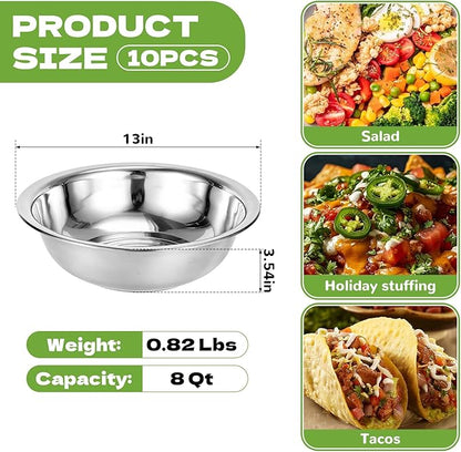 10 PCS Stainless Steel Mixing Bowls 13 Inch 8 Qt Extra Large Metal Basin - Image 2