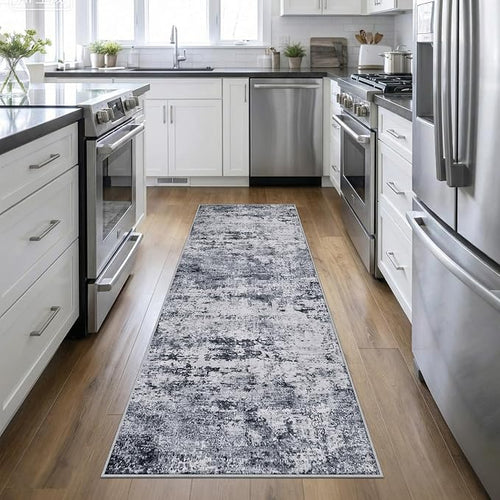 2.6'x10' Runner Rug Washable Rug: Modern Abstract Soft Thin Runner Rug Grey by FXRHLP