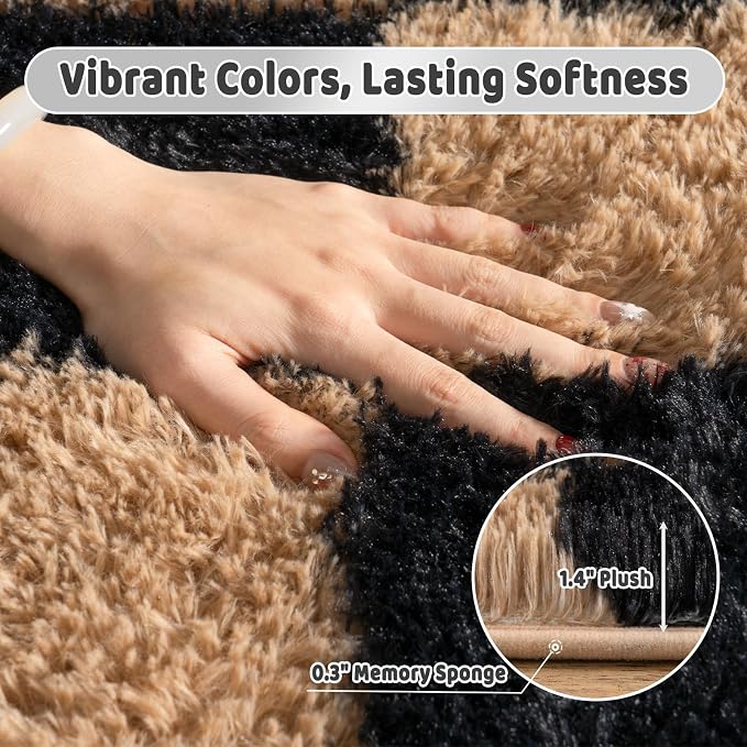 Shag Rugs for Living Room 8x10, Ultra Soft Checkered Black Beige Big Fuzzy Rugs - Image 5