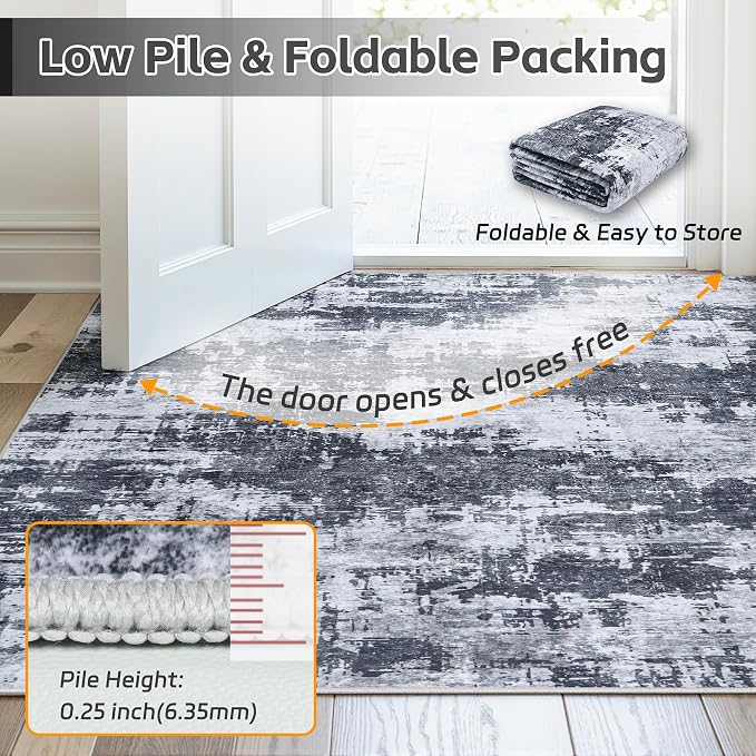 8x10 Area Rugs for Living Room Washable: Abstract Soft Thin Low Pile Black Rug - Image 7
