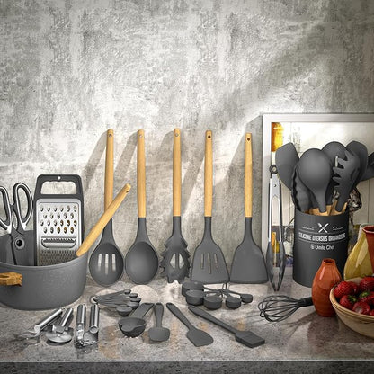 Umite Chef Silicone Kitchen Utensil Set, Wood Handles - Image 2