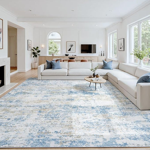 Area Rug 9x12 Living Room Rug Washable: No-Slip Abstract Soft Thin Large Blue by Oriannal