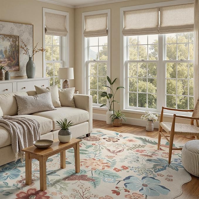 DCX Beige Floral Rug 5x7, Washable Beige Rug - Image 2