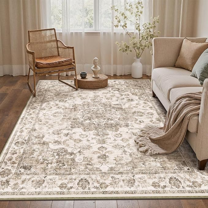 3x5 Washable Neutral Area Rug Brown Vintage Entryway Office Carpet Non-Slip - Image 3