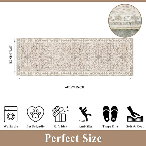 2x6 Washable Kitchen Runner Rug – Boho Vintage Non-Slip Carpet Runner - Image 2