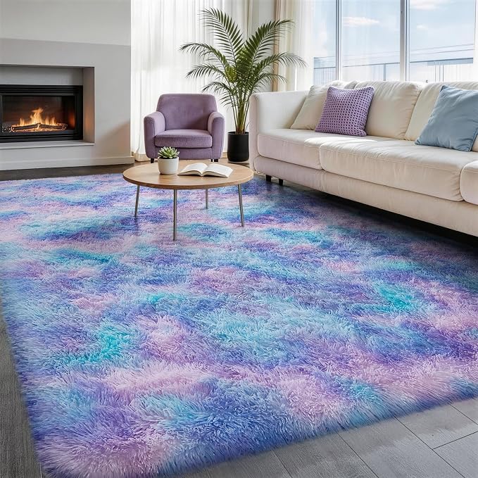 Ophanie Rainbow Purple Rug for Bedroom Girls, Unicorn Colorful Mermaid Fluffy by Ophanie