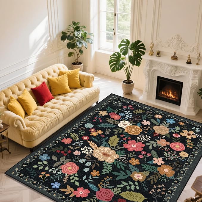 9x12 Area Rug, Floral Rugs for Living Room, Stain-Resistant Washable Bedroom Rug by Unknown