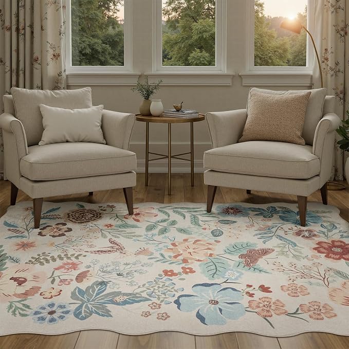 DCX Beige Floral Rug 8x10, Washable Beige Rug - Image 6