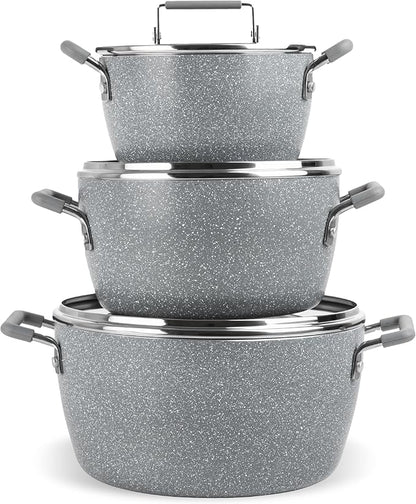 Granitestone Gray Pots and Pans Set Nonstick, 6 Stackable Piece Cooking Pots Set by Granitestone+