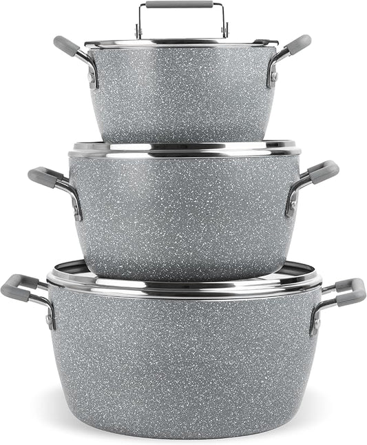 Granitestone Gray Pots and Pans Set Nonstick, 6 Stackable Piece Cooking Pots Set by Granitestone+