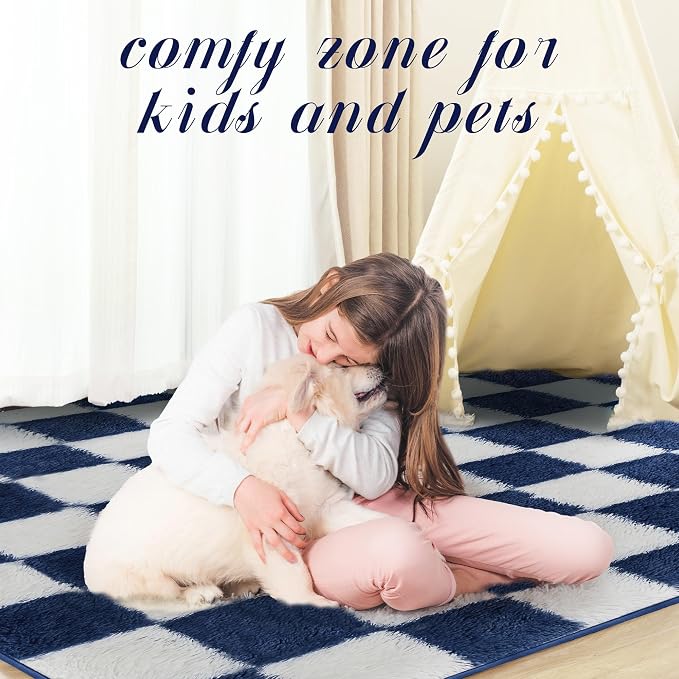 Super Soft Rug for Bedroom, 4x6 ft Blue and White Area Rug Classic Checkered - Image 5