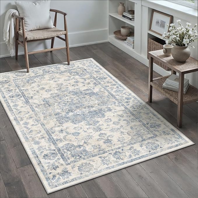 4x5 Washable Neutral Area Rug Blue Vintage Entryway Office Carpet Non-Slip Soft - Image 2