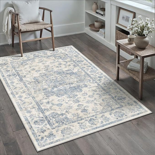 3x4 Washable Neutral Area Rug Blue Vintage Entryway Office Carpet Non-Slip Soft by WondRg