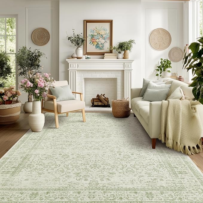 BILEEHOME Sage Green Rug for Bedroom, Boho Floral Print Washable Cottage Core by BILEEHOME