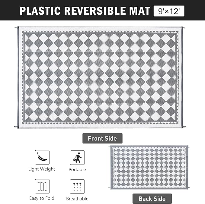 HUGEAR Outdoor Waterproof Rug 9'x12' Plastic Straw Rugs Washable Reversible - Image 2